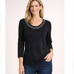 STYLE & Co Black Rhinestone Embellished Neckline Tee  Petite L NWOT